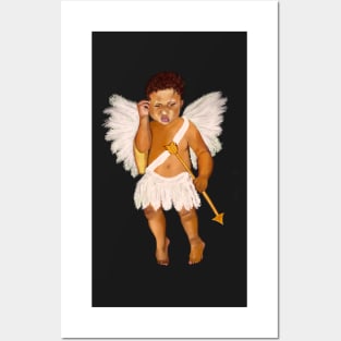 Cupid often wondered whether.... baby angel holding an arrow - In a contemplative pose with curly Afro Hair and gold arrow Posters and Art